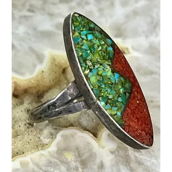 Old Pawn Sterling Silver Southwestern Turquoise Red Coral Inlay Ring Size 7.75